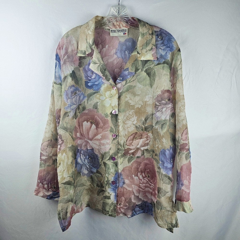 Vtg 80's Peter Popovich Floral Semi Sheer Shirt Med Made In USA Art To Wear